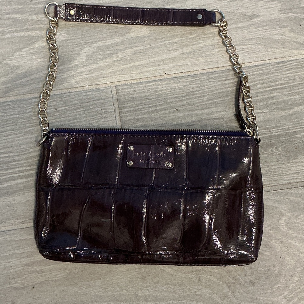 kate spade glossy patent leather clutch in dark purple with gold chain